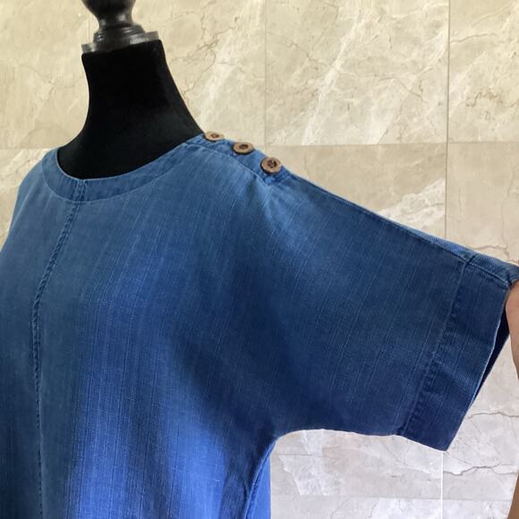 PureJill Indigo Shift Dress SP Denim Chambray Short Sleeve Fall Lagenlook Boxy - Picture 6 of 11
